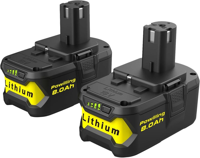 Powilling Upgraded 8.0Ah 2Packs P108 Replacement for Ryobi 18V Battery, 18 Volt Lithium ion Batteries for Ryobi One 18V Cordless Tools P108 P107 P105 P104 P103 P102 - Image 1